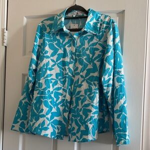 Blue and White Leaf Print Button-Up Shirt, S/M